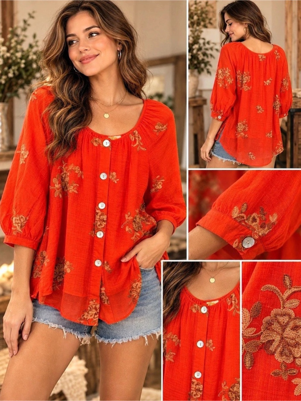 Fig and Flower Floral Embroidered Blouse in orange Size Medium